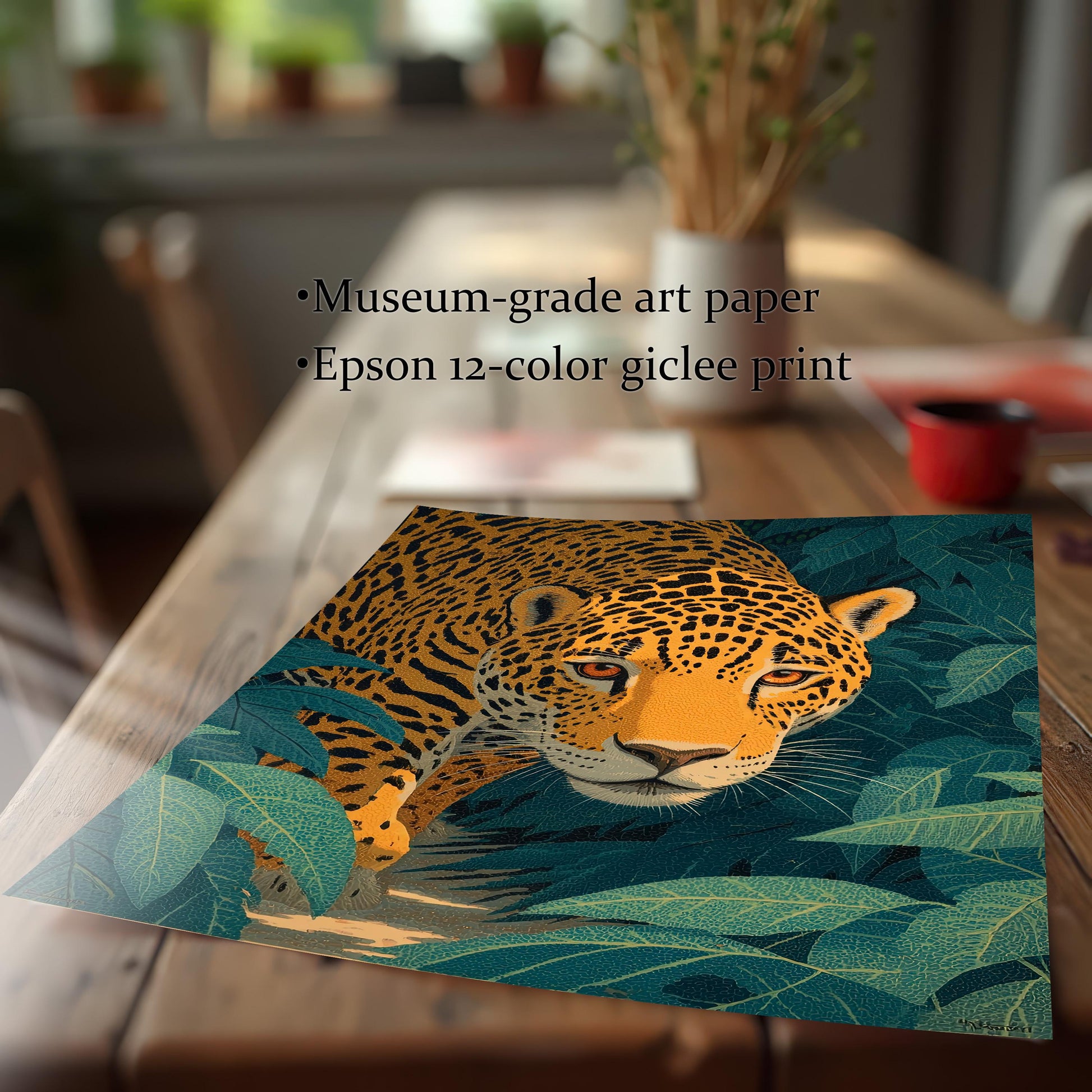 Close-up of the unframed jaguar print on a wooden table, with text highlighting the quality: Museum-grade art paper and Epson 12-color giclee print.
