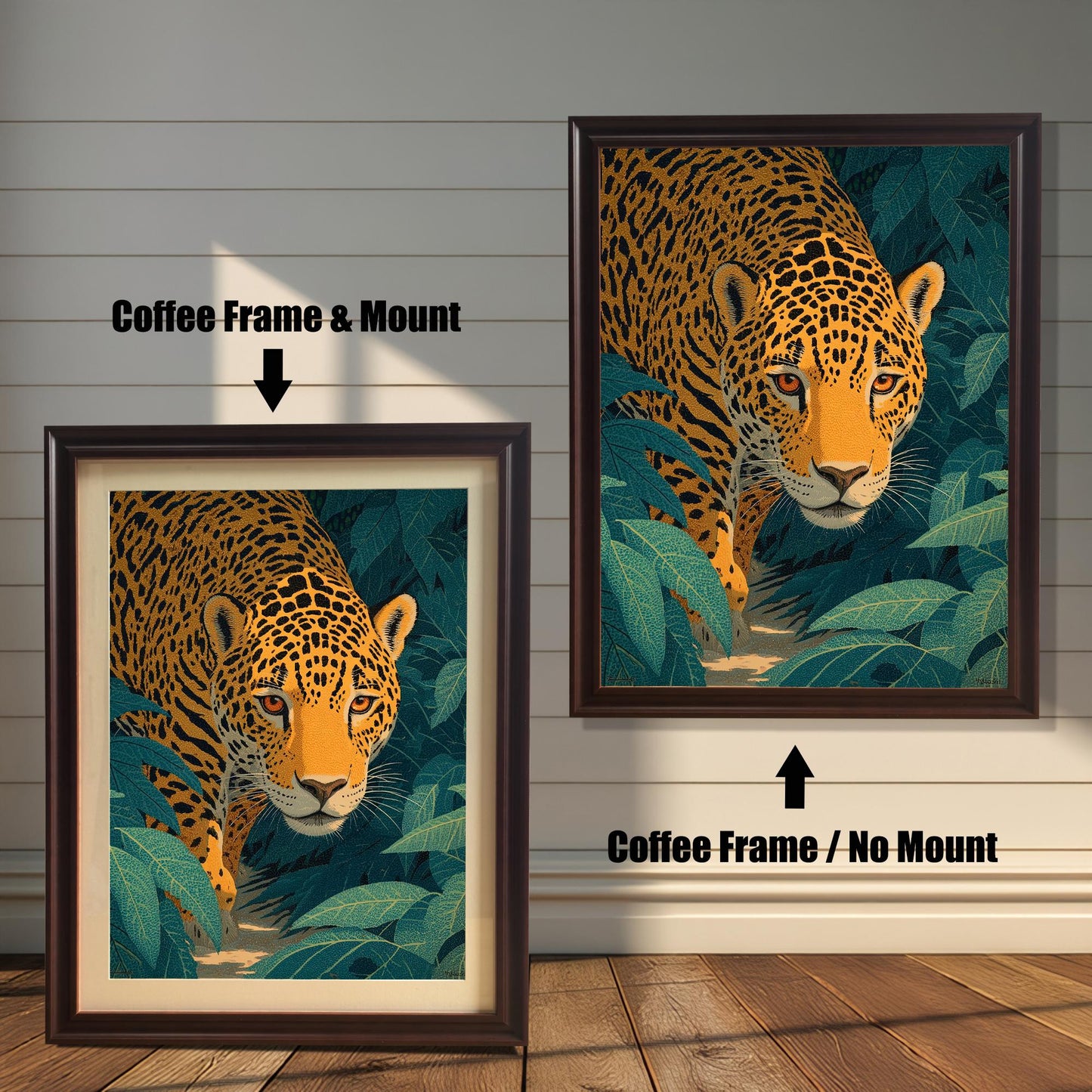 Two versions of the jaguar artwork, both with a Coffee (dark brown) frame. The image on the left shows a Mount (cream border) included, while the image on the right shows No Mount.