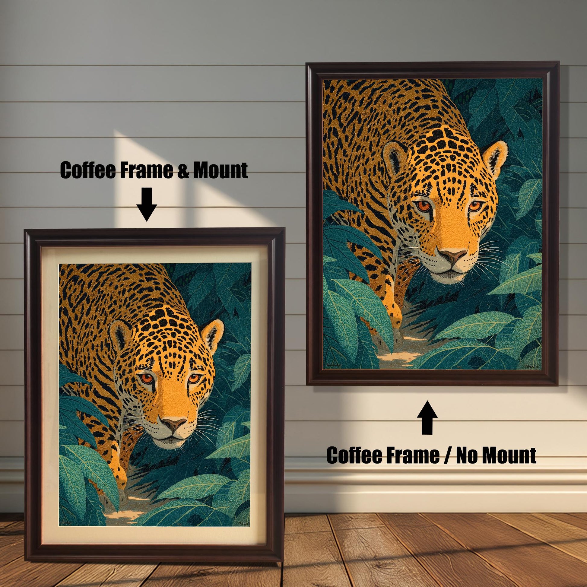 Two versions of the jaguar artwork, both with a Coffee (dark brown) frame. The image on the left shows a Mount (cream border) included, while the image on the right shows No Mount.