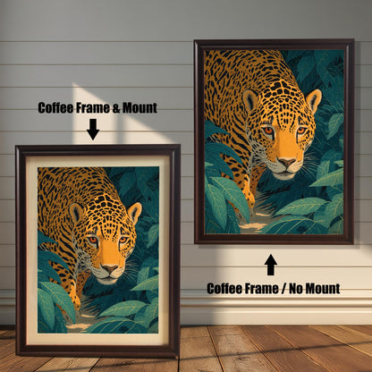 Two versions of the jaguar artwork, both with a Coffee (dark brown) frame. The image on the left shows a Mount (cream border) included, while the image on the right shows No Mount.