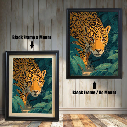 Two versions of the jaguar artwork, both with a Black frame. The image on the left shows a Mount (cream border) included, while the image on the right shows No Mount.