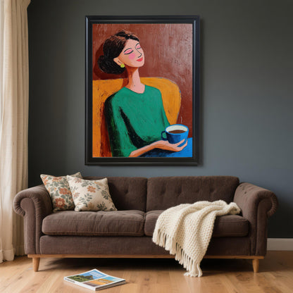 Large framed artwork of a woman with a cup, in a Black frame (no mount). It is hung on a dark gray wall above a brown velvet sofa with throw pillows and a white blanket.