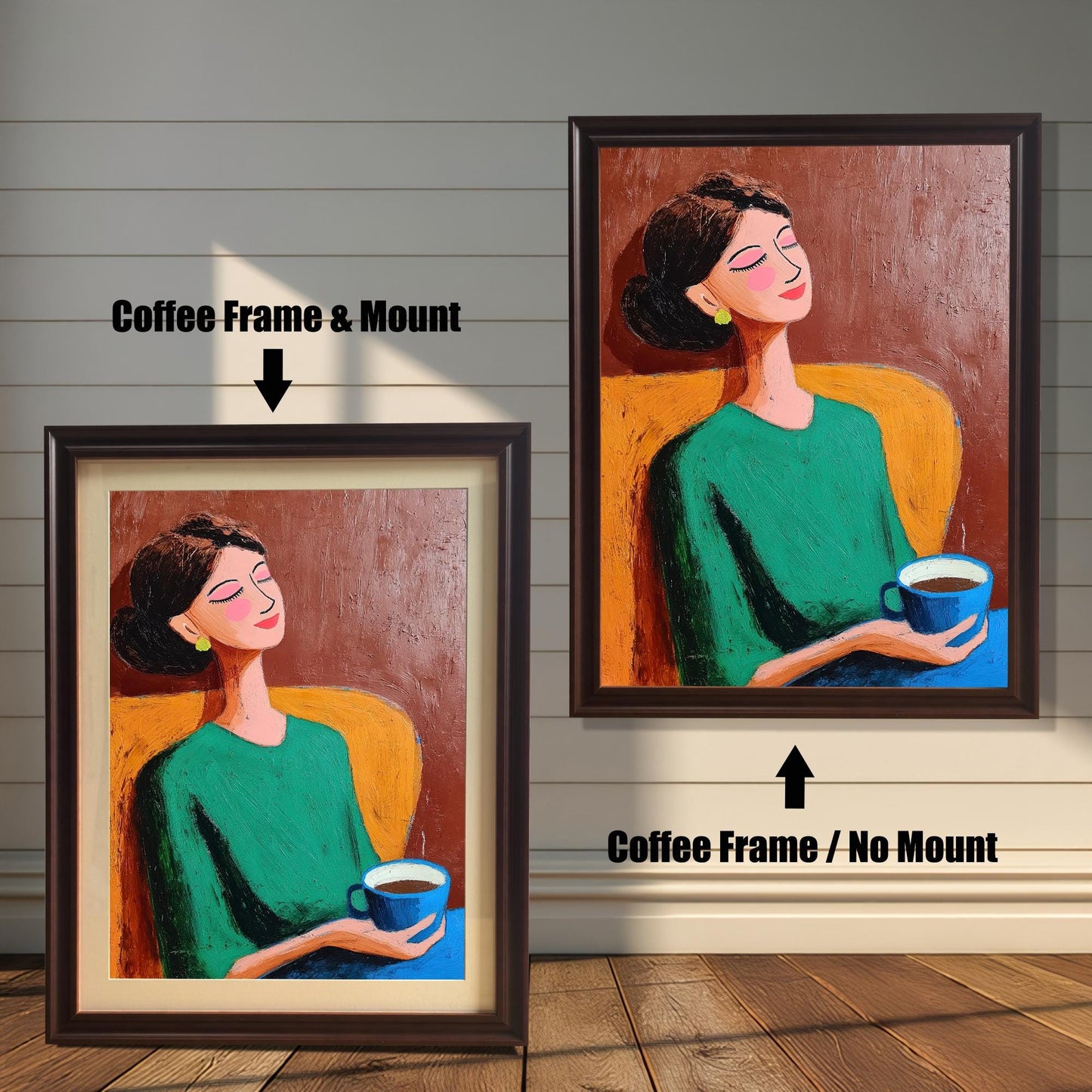 Two versions of the artwork, both with a Coffee (dark brown) frame. The image on the left shows a Mount (white border) included, while the image on the right shows No Mount.