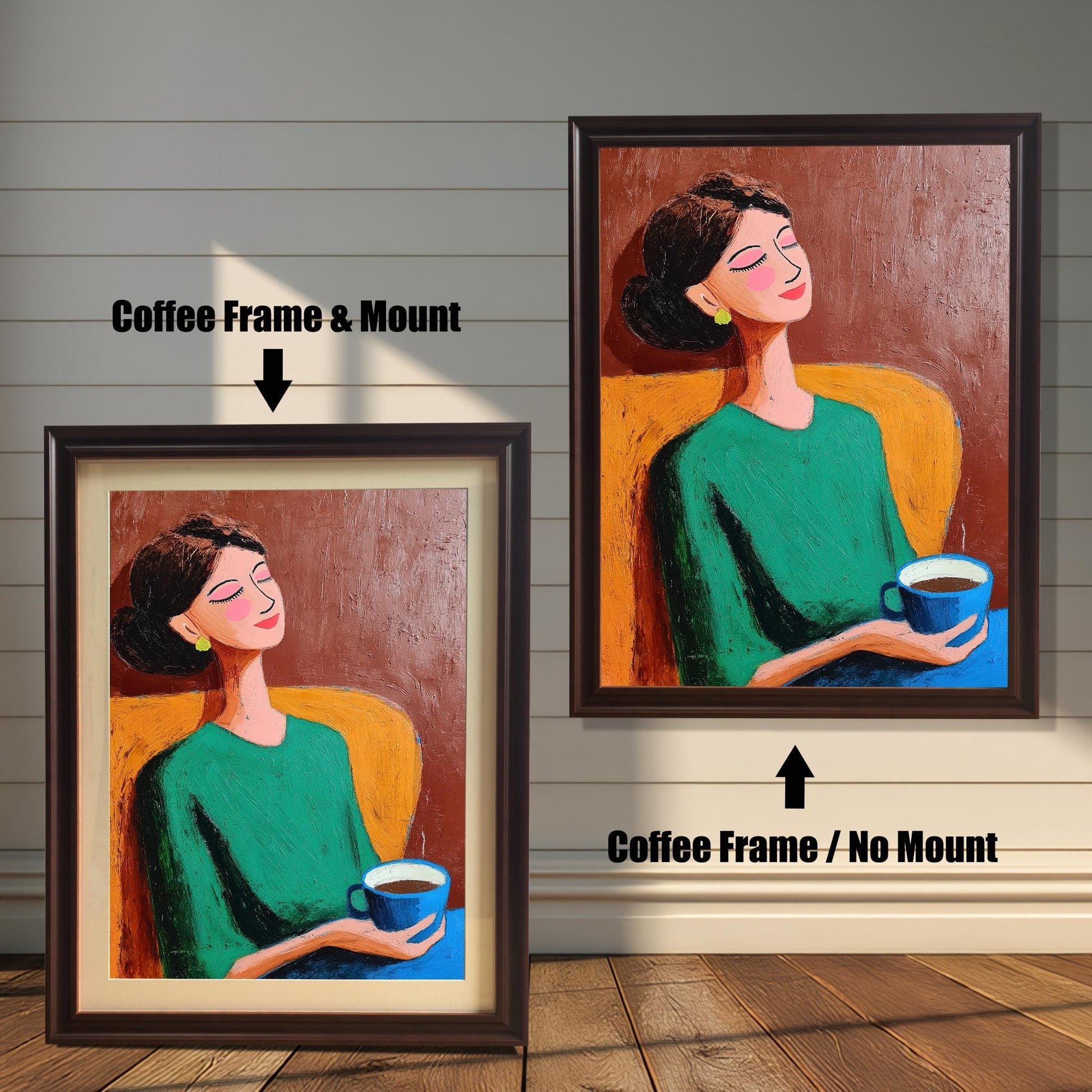 Two versions of the artwork, both with a Coffee (dark brown) frame. The image on the left shows a Mount (white border) included, while the image on the right shows No Mount.