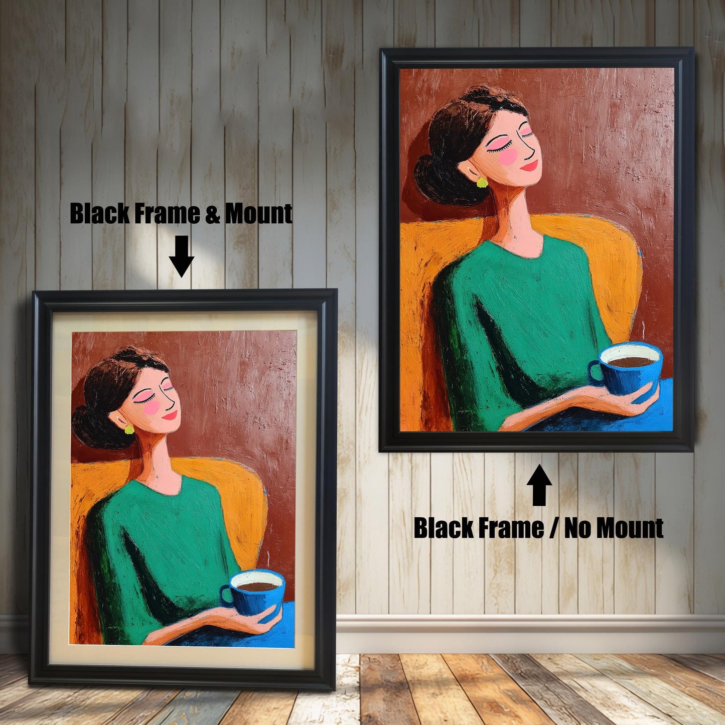 Two versions of the artwork, both with a black frame. The image on the left shows a Mount (white/cream border) included, while the image on the right shows No Mount.