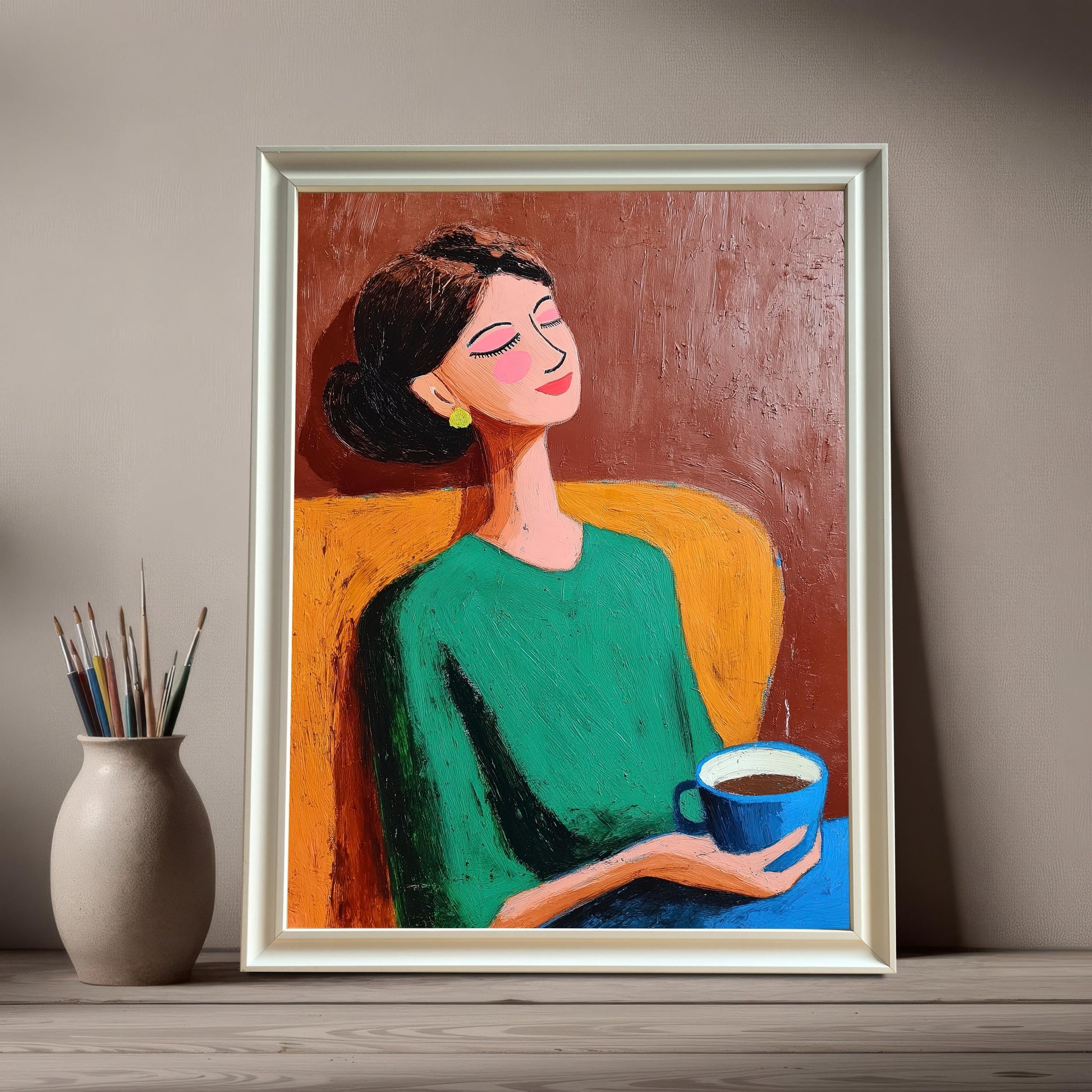 Artwork of a woman with a coffee cup, framed in a White frame (no mount). The framed art leans on a wooden surface next to a vase holding several paintbrushes.