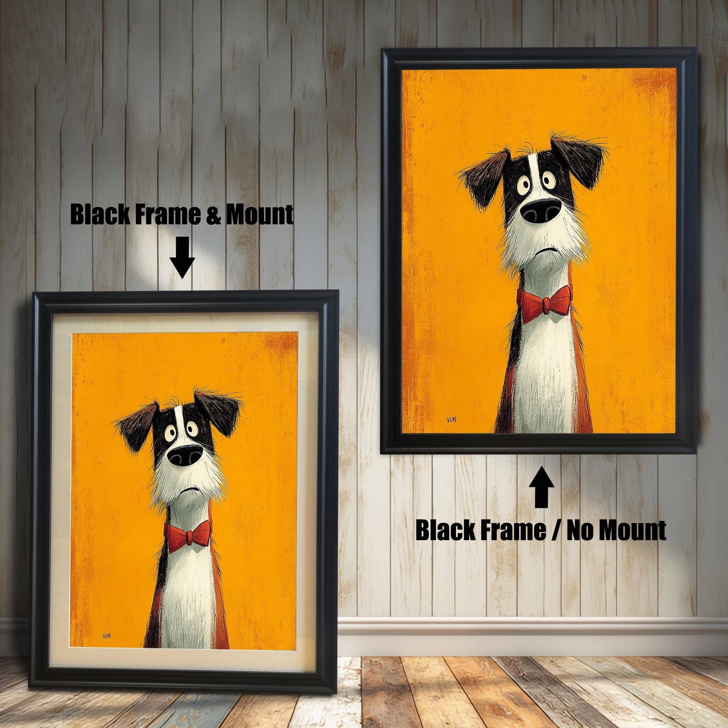 Two options for the framed art: one in a black frame with a mount, and one in a black frame without a mount.