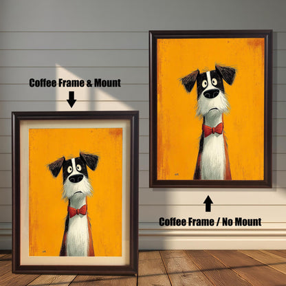 Two options for the framed art: one in a coffee (dark brown) frame with a mount, and one in a coffee frame without a mount.