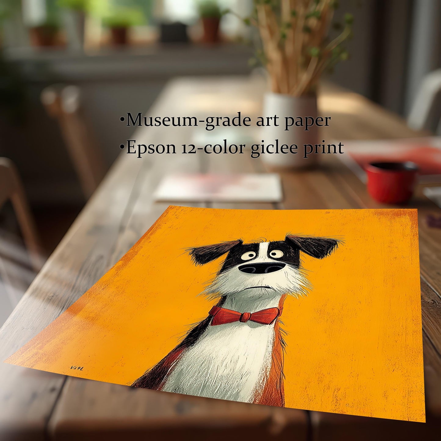 Close-up of an unframed art print of the cartoon dog on a wooden table. Text details: "Museum-grade art paper" and "Epson 12-color giclee print."