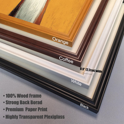Stacked corner view of four frame colors: Black, White, Coffee (dark brown), and Orange (gold/tan). Frame is 0.9" (2.2cm) wide wood.