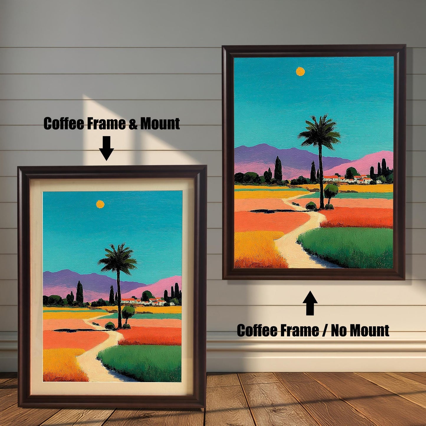 Two options for the framed art: one in a coffee (dark brown) frame with a mount, and one in a coffee frame without a mount.