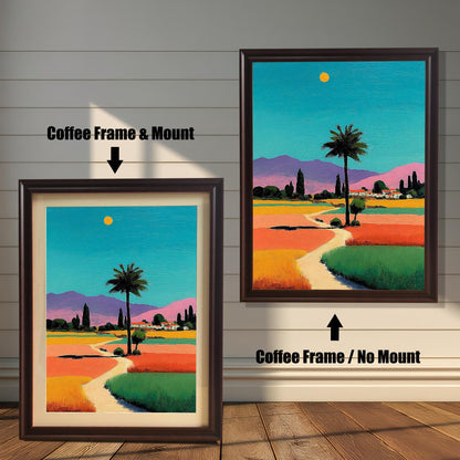 Two options for the framed art: one in a coffee (dark brown) frame with a mount, and one in a coffee frame without a mount.