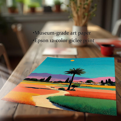 Close-up of an unframed art print of the bright landscape on a wooden table. Text details: "Museum-grade art paper" and "Epson 12-color giclee print."