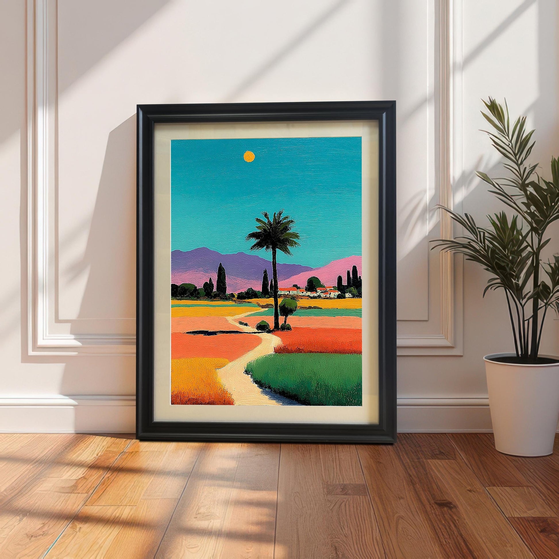 A framed print of a vibrant landscape with a palm tree, in a black frame with a mount, leaning on a wooden floor against a white paneled wall beside a potted plant.