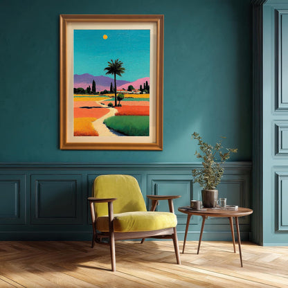 A framed print of a vibrant, colorful landscape with a palm tree, winding path, and purple mountains, framed in gold, hanging on a deep teal wainscoted wall.