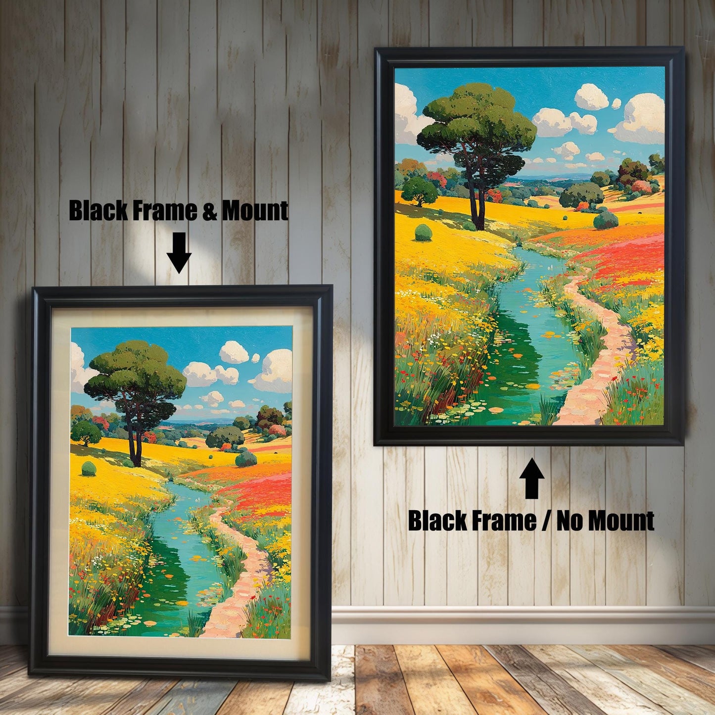 Two options for the framed art: one in a black frame with a mount, and one in a black frame without a mount.