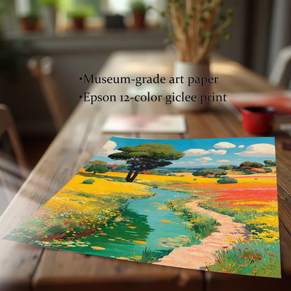 Close-up of an unframed print of the colorful landscape on a wooden table. Text details "Museum-grade art paper" and "Epson 12-color giclee print."