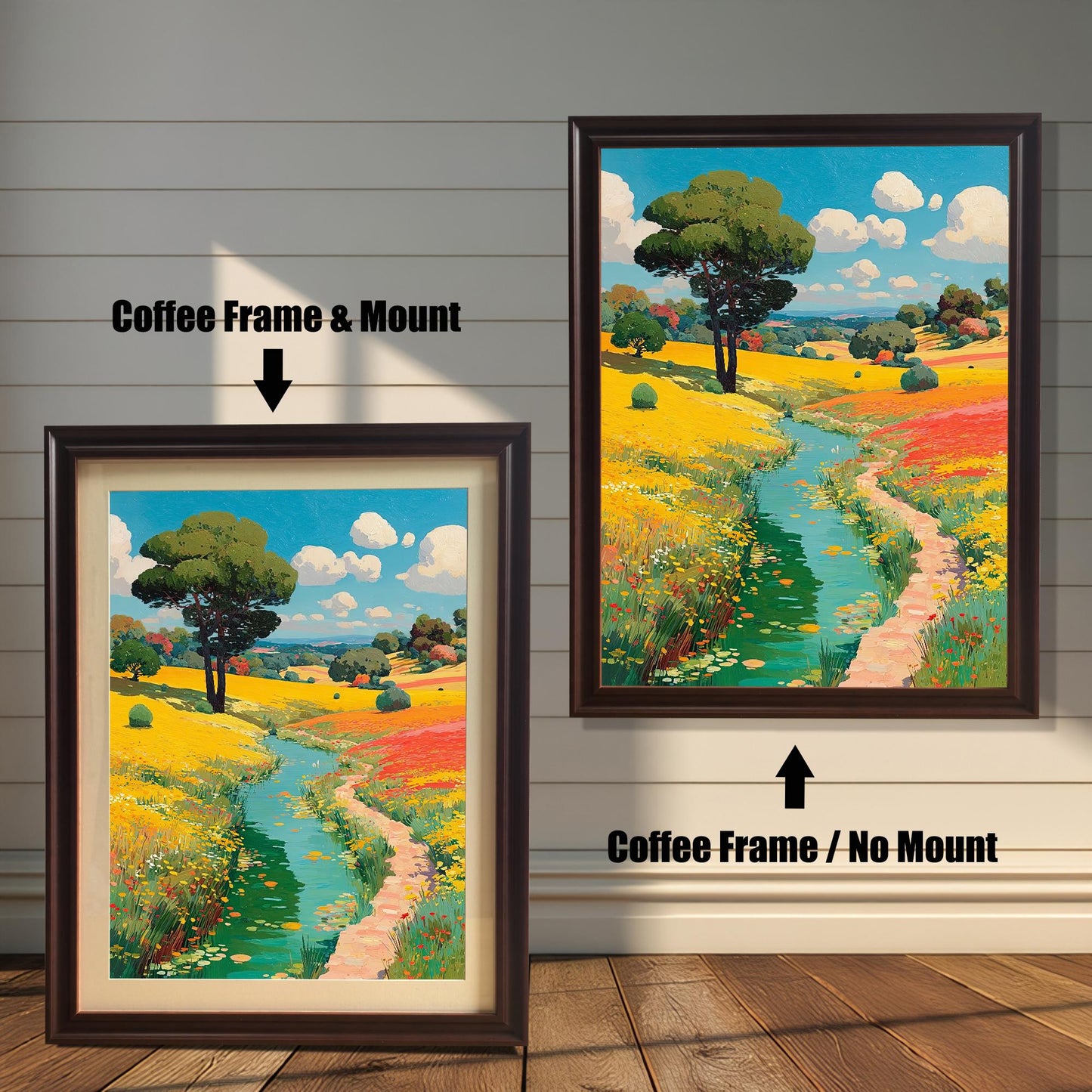 Two options for the framed art: one in a coffee (dark brown) frame with a mount, and one in a coffee frame without a mount.