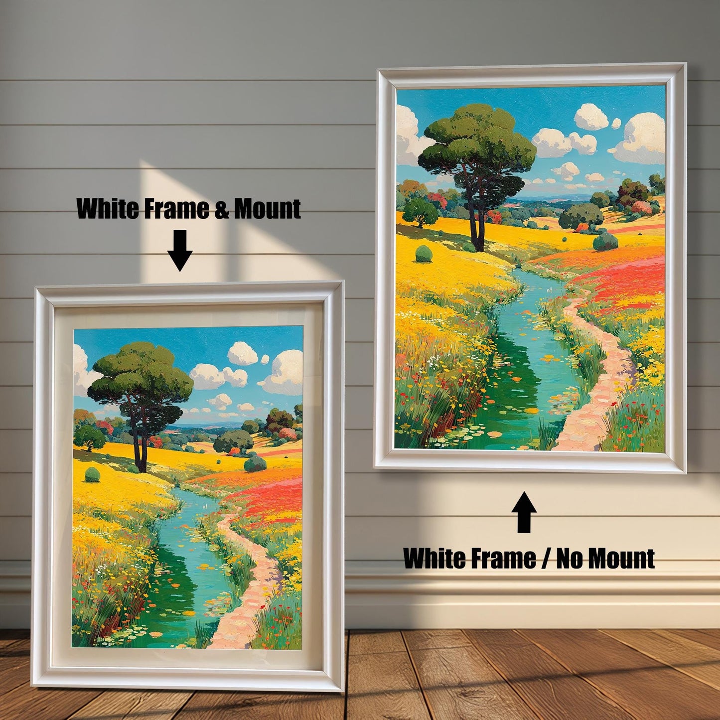 Two options for the framed art: one in a white frame with a white mount (mat), and one in a white frame without a mount.