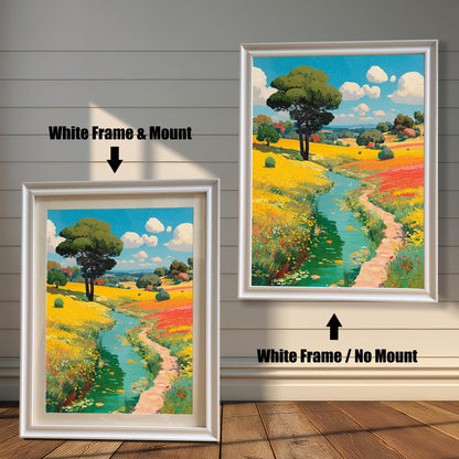 Two options for the framed art: one in a white frame with a white mount (mat), and one in a white frame without a mount.