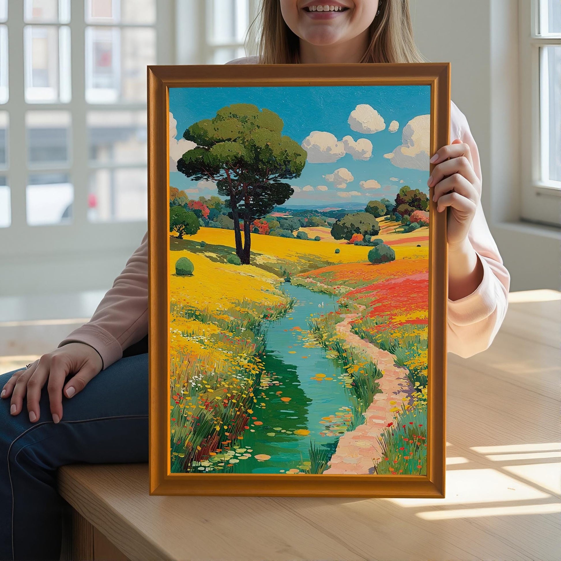 A person holds up a framed print of a colorful, bright landscape featuring a yellow flower field, a river, and a large tree under a blue, cloudy sky.