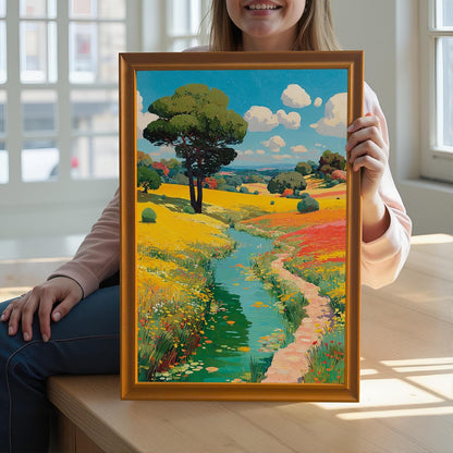 A person holds up a framed print of a colorful, bright landscape featuring a yellow flower field, a river, and a large tree under a blue, cloudy sky.