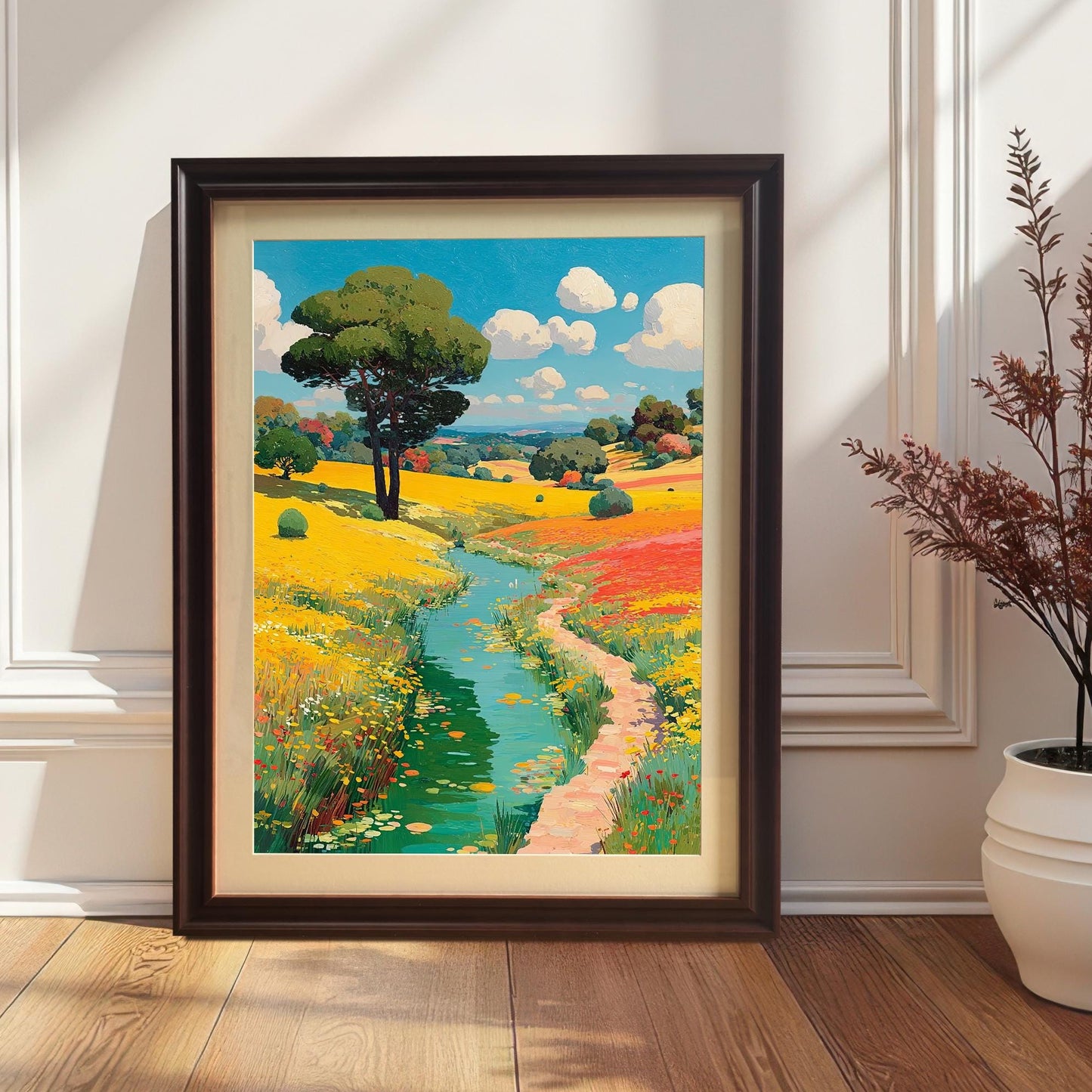 A framed print of a yellow and red flower field, river, and large tree, in a dark brown/coffee frame, leaning on a wooden floor against a white paneled wall near a potted plant.