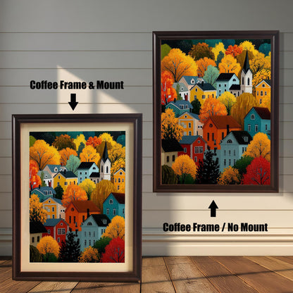 Two options for the framed art: one in a coffee (dark brown) frame with a mount, and one in a coffee frame without a mount.