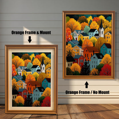 Two options for the framed art: one in an orange/gold frame with a mount, and one in an orange/gold frame without a mount.