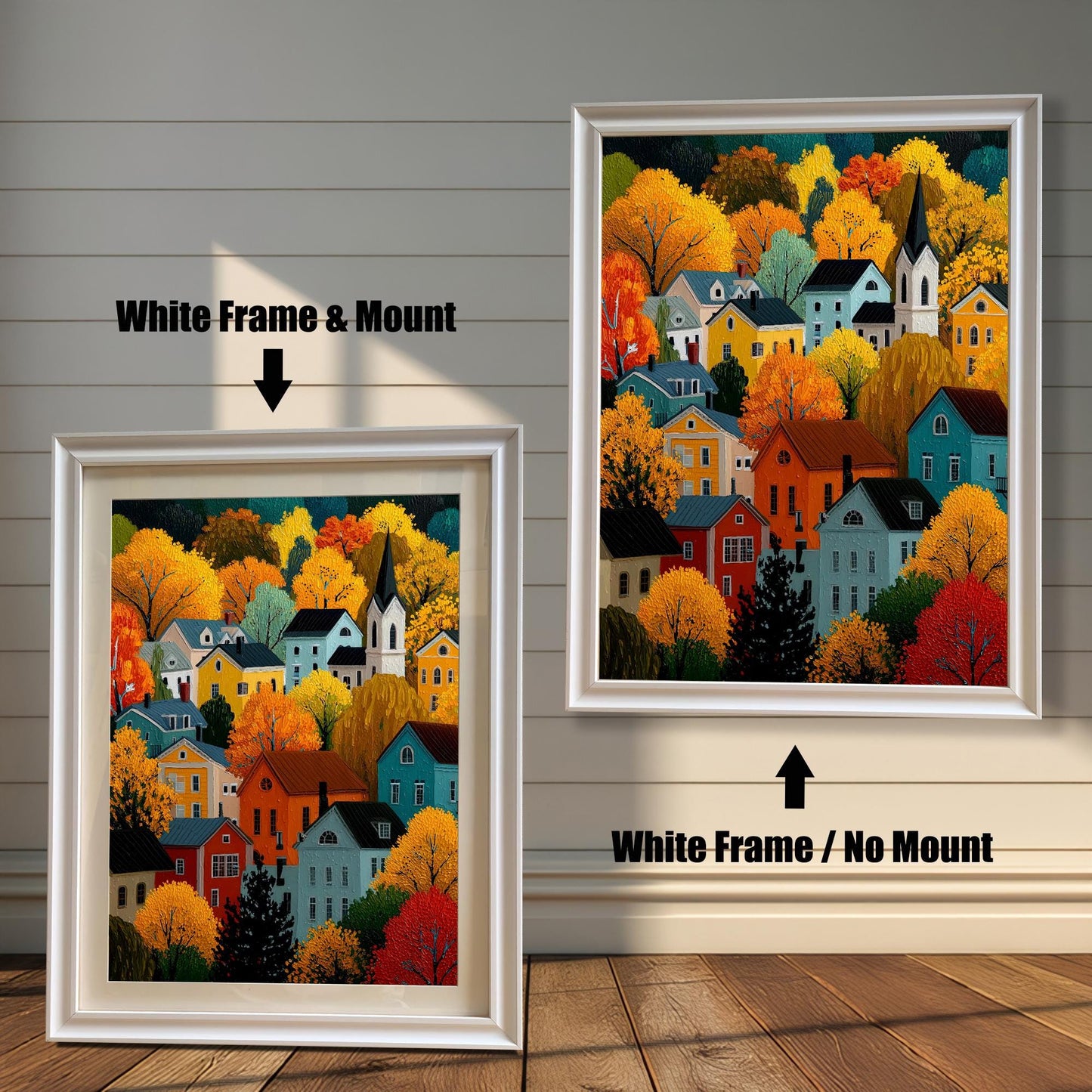 Two options for the framed art: one in a white frame with a white mount (mat), and one in a white frame without a mount.