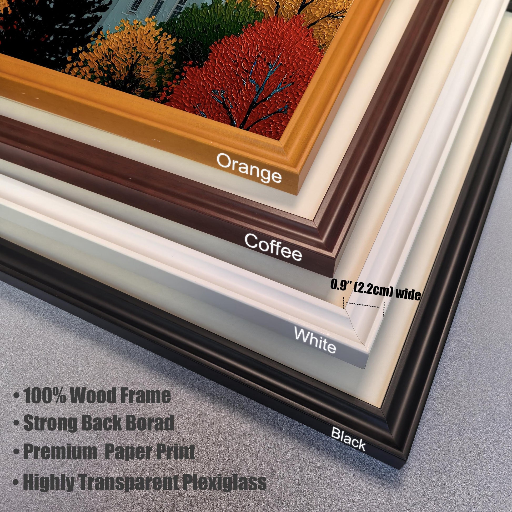 Stacked corner view of four frame colors: Black, White, Coffee (dark brown), and Orange (gold/tan). Text details the frame is 0.9" (2.2cm) wide and made of wood with plexiglass.