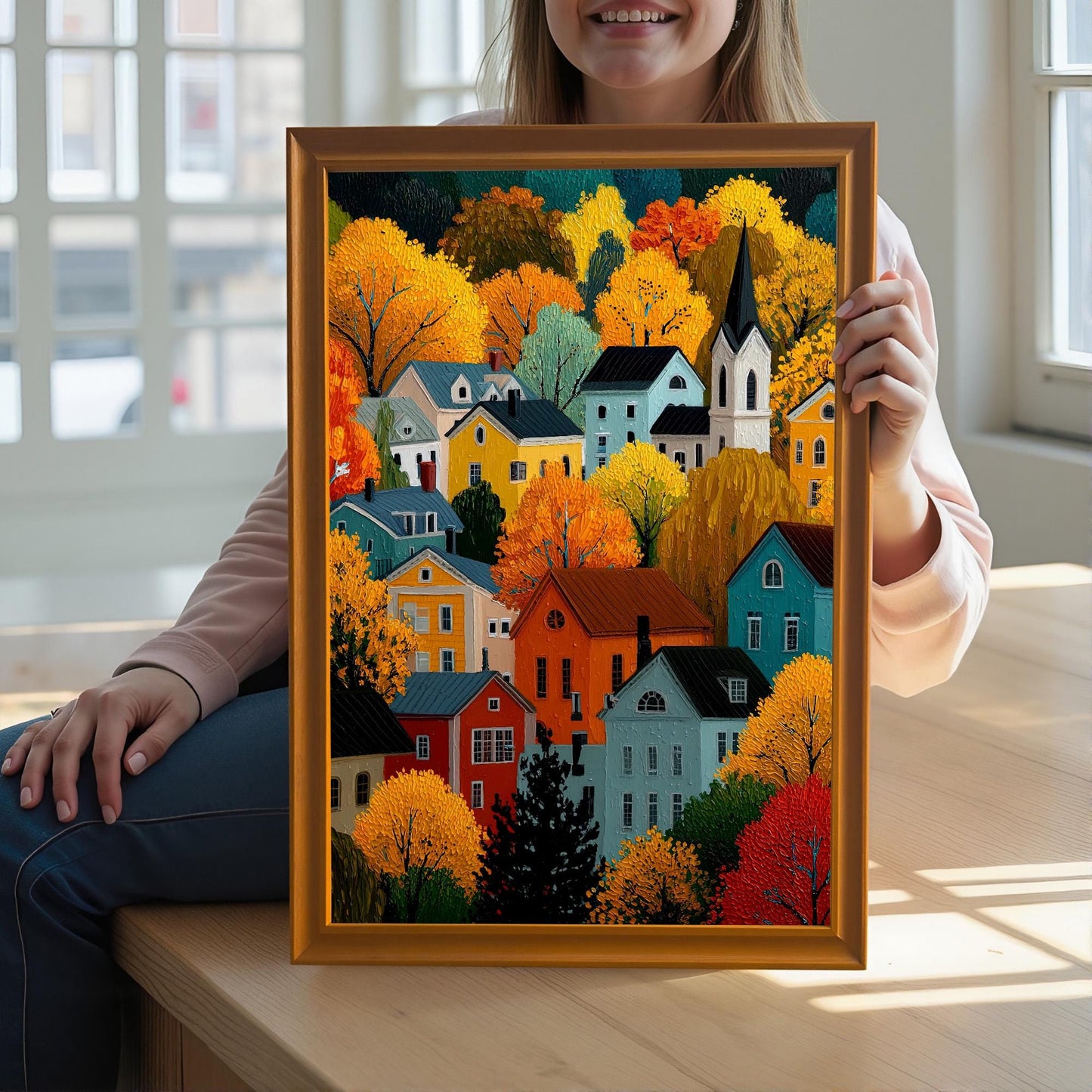 A smiling person holds up a framed print of a vibrant, colorful village scene nestled among orange and red autumn trees.