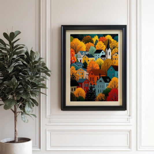 A framed print of a colorful autumn village scene with a white mount, hanging on a white paneled wall beside a large potted plant. The frame is black.