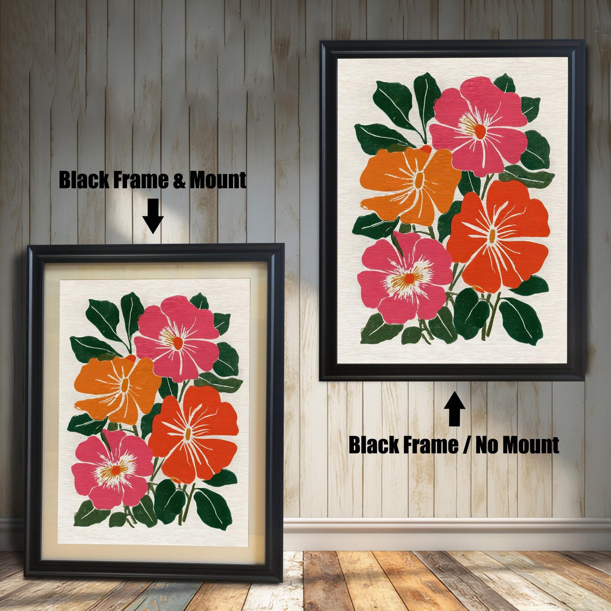 Two framed versions of the botanical print side-by-side against a white wooden wall. The image on the left, labeled "Black Frame & Mount," has a black frame and a light-colored mat (mount). The image on the right, labeled "Black Frame / No Mount," has the same black frame but no mat.