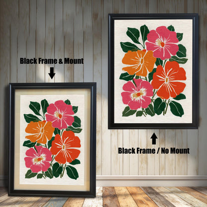 Two framed versions of the botanical print side-by-side against a white wooden wall. The image on the left, labeled "Black Frame & Mount," has a black frame and a light-colored mat (mount). The image on the right, labeled "Black Frame / No Mount," has the same black frame but no mat.