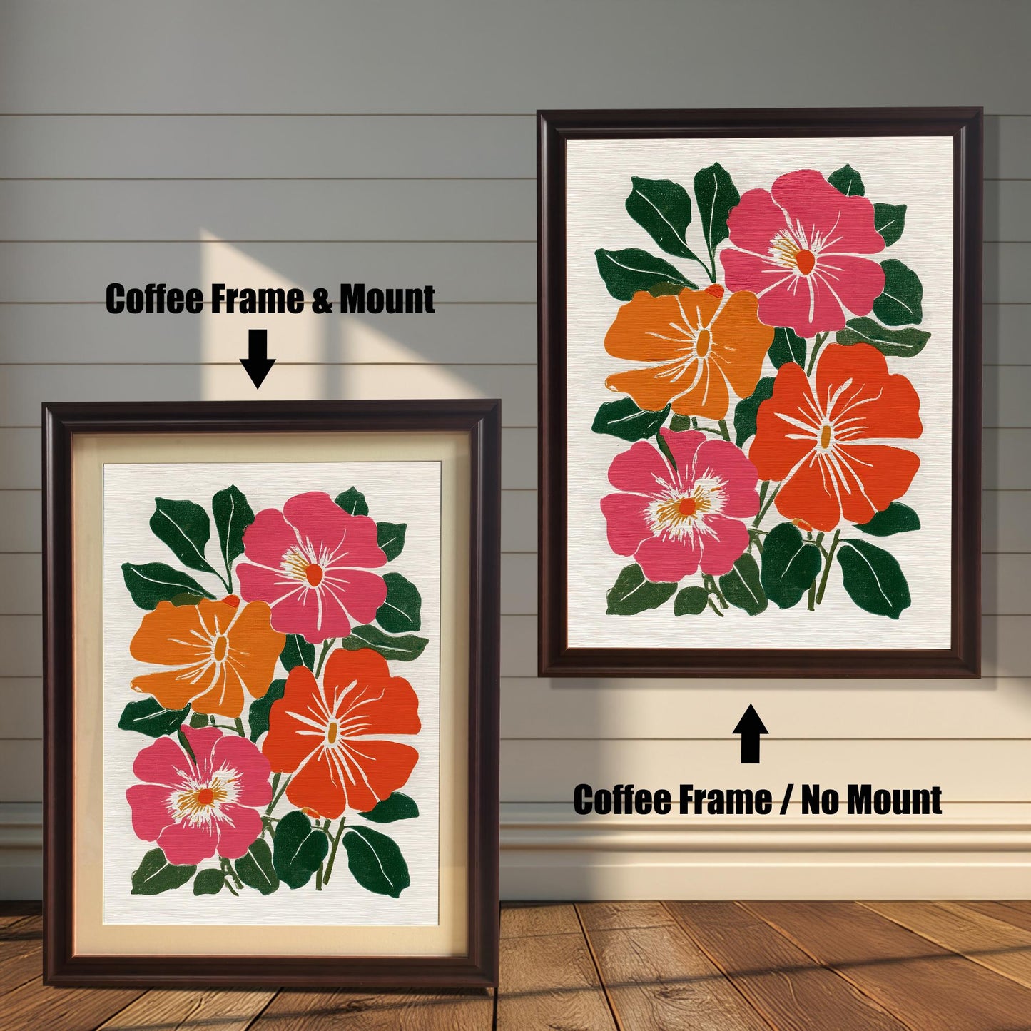 Two framed versions of the botanical print side-by-side against a white wooden wall. The image on the left, labeled "Coffee Frame & Mount," has a dark brown frame and a light-colored mat (mount). The image on the right, labeled "Coffee Frame / No Mount," has the same dark brown frame but no mat.