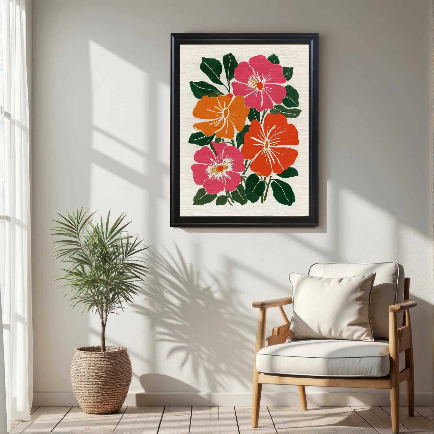Framed print of bright, stylized flowers in pink, orange, and red with dark green leaves, hanging above a natural wood chair and a woven basket with a small palm plant.