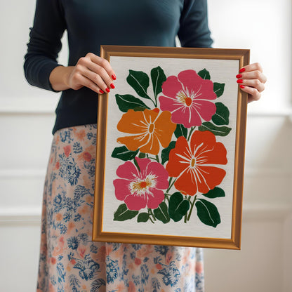 A person wearing a dark top and a floral skirt holds a framed botanical print up to the camera. The frame is a golden-brown color.