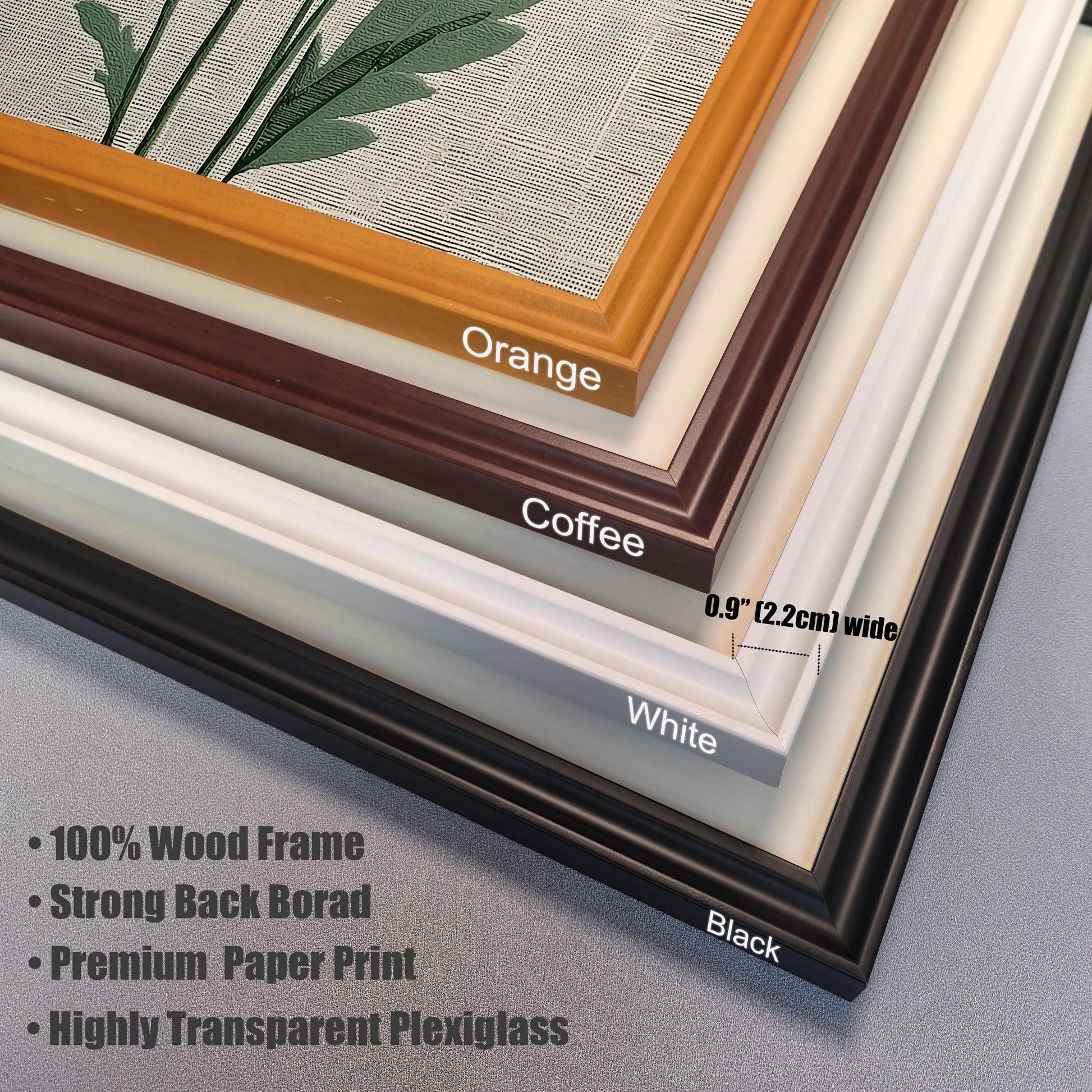 Close-up studio shot of four wooden picture frame corners stacked, showing the colors available: Orange, Coffee, White, and Black. The frame width is labeled as 0.9" (2.2cm) wide. Text lists key features: 100% Wood Frame, Strong Back Borad (Board), Premium Paper Print, Highly Transparent Plexiglass.