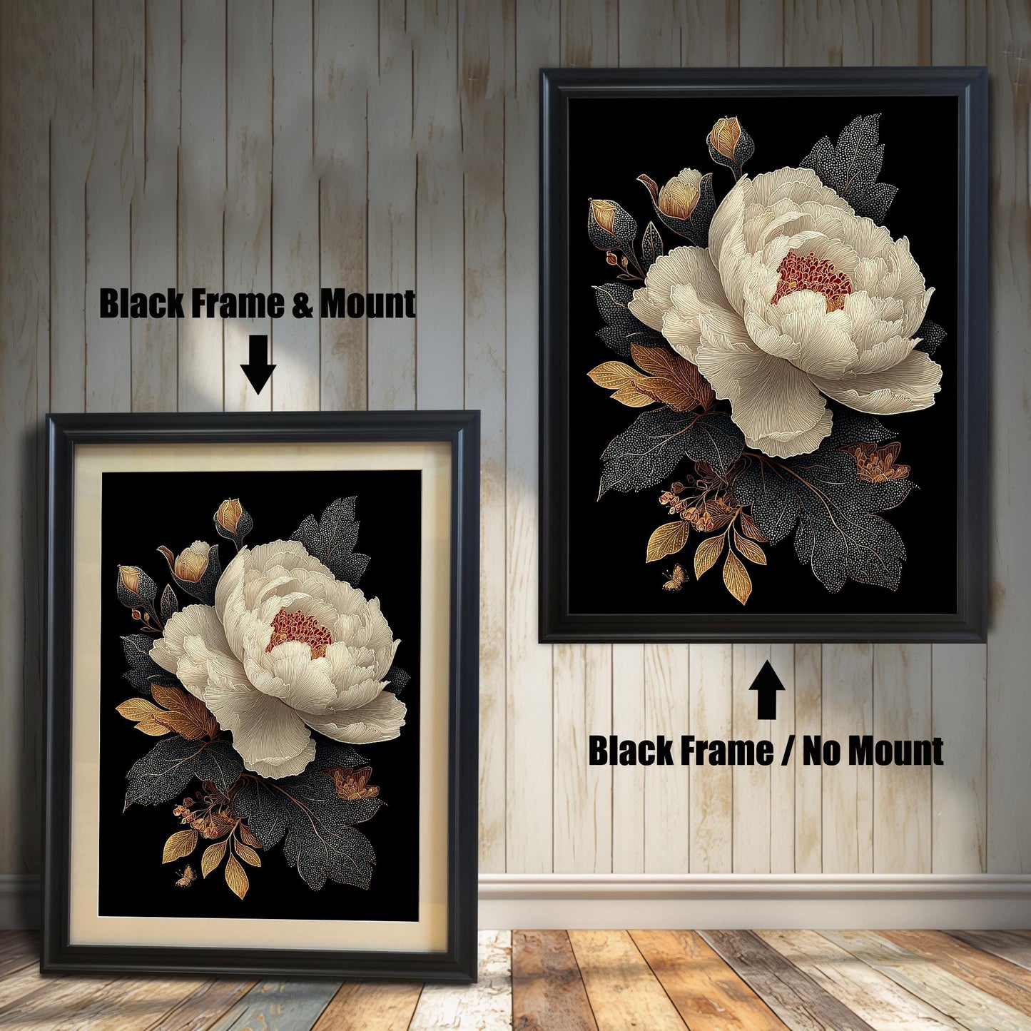 Comparison image of the artwork in a Black Frame. On the left, a framed print with a wide light-colored Mount (mat) is shown leaning on the floor. On the right, the same print is shown hung on the wall with the Black Frame / No Mount. Arrows indicate the frame's color and mount style for each.