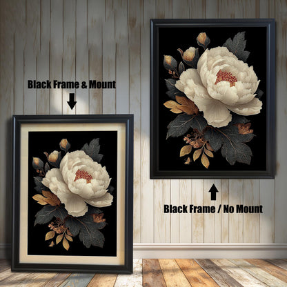 Comparison image of the artwork in a Black Frame. On the left, a framed print with a wide light-colored Mount (mat) is shown leaning on the floor. On the right, the same print is shown hung on the wall with the Black Frame / No Mount. Arrows indicate the frame's color and mount style for each.