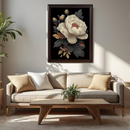 Lifestyle photo showing the framed artwork with a Coffee/Dark Brown Frame hanging on a white wall above a beige sofa and a wooden coffee table in a modern living room setting.