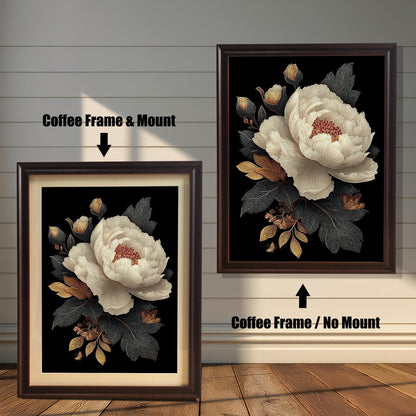 Comparison image of the artwork in a Coffee Frame. On the left, a framed print with a wide light-colored Mount (mat) is shown leaning on the floor. On the right, the same print is shown hung on the wall with the Coffee Frame / No Mount. Arrows indicate the frame's color and mount style for each.