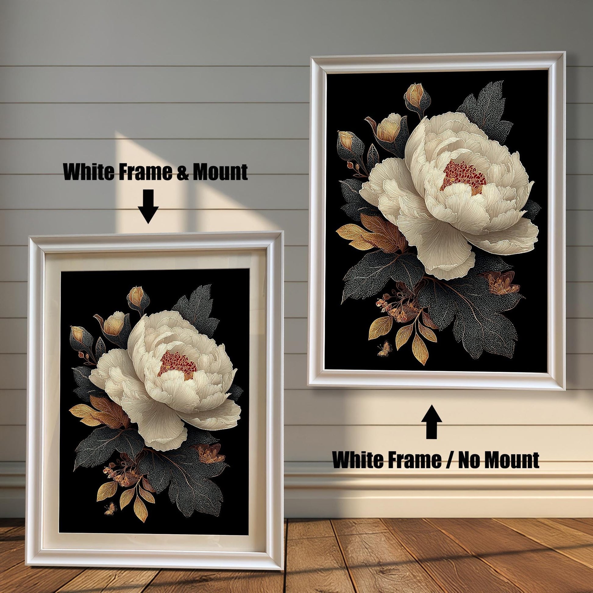 Comparison image of the artwork in a White Frame. On the left, a framed print with a wide light-colored Mount (mat) is shown leaning on the floor. On the right, the same print is shown hung on the wall with the White Frame / No Mount. Arrows indicate the frame's color and mount style for each.