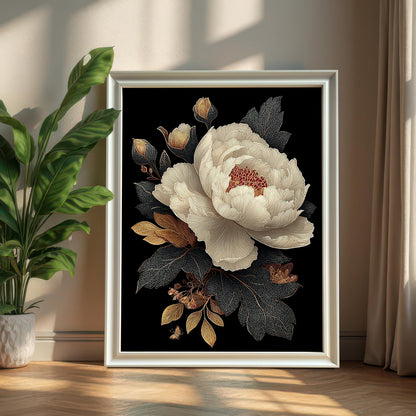 A large framed print of an ornate, white peony flower with gold and dark foliage on a black background, leaning against a white wall and wood floor. The frame is a thin white wood. A large potted green plant sits to the left.