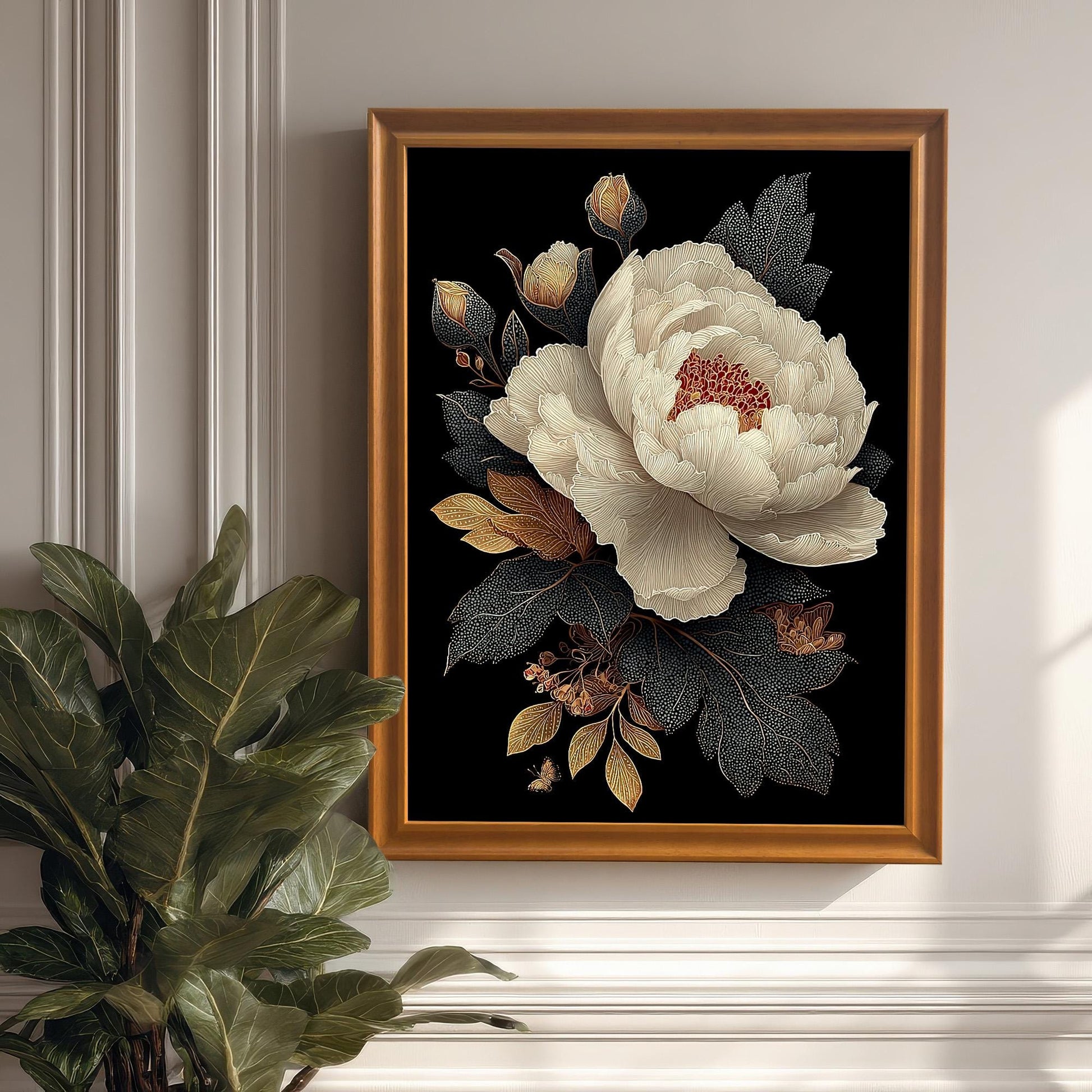 Lifestyle photo showing the framed artwork with an Orange/Light Brown Frame hanging on a white paneled wall, with part of a large potted plant visible on the left.