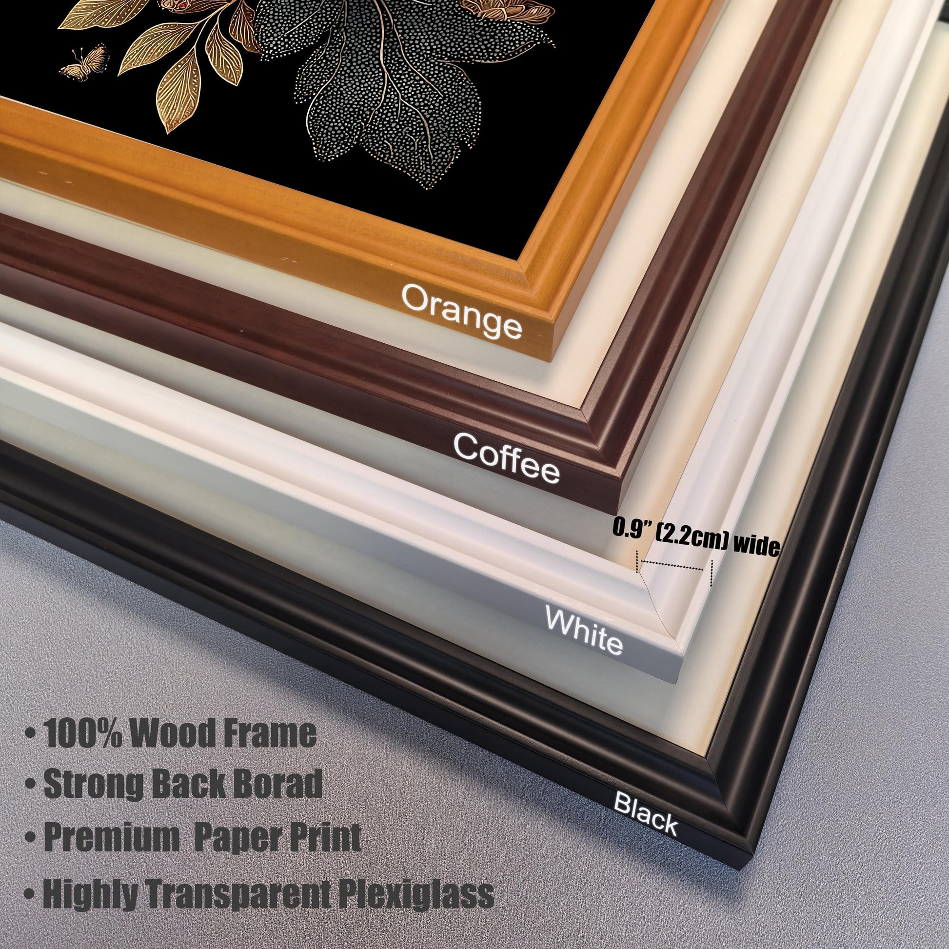 Close-up studio shot of four wooden picture frame corners stacked on top of each other, showing the different colors available: Orange, Coffee, White, and Black. The frame width is labeled as 0.9" (2.2cm) wide. Text bullet points list key features: 100% Wood Frame, Strong Back Borad (Board), Premium Paper Print, Highly Transparent Plexiglass.