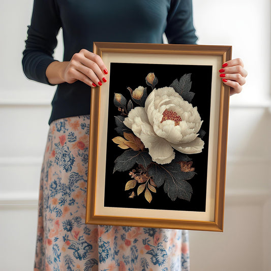 A close-up of a woman with red nail polish holding the framed artwork. The print features a white peony with gold and dark foliage on a black background, framed in a light brown/orange wooden frame with a visible light-colored mount (mat). The woman is wearing a dark top and a floral skirt.