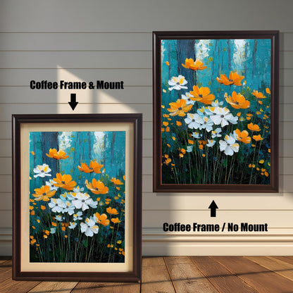 White/Orange Floral	Impressionistic painting of white and orange cosmos-like flowers with long green stems against a dark teal/blue forest background, shown in two Coffee (dark brown) frames. The left image is framed with a white mat/mount, and the right image is framed without a mat.