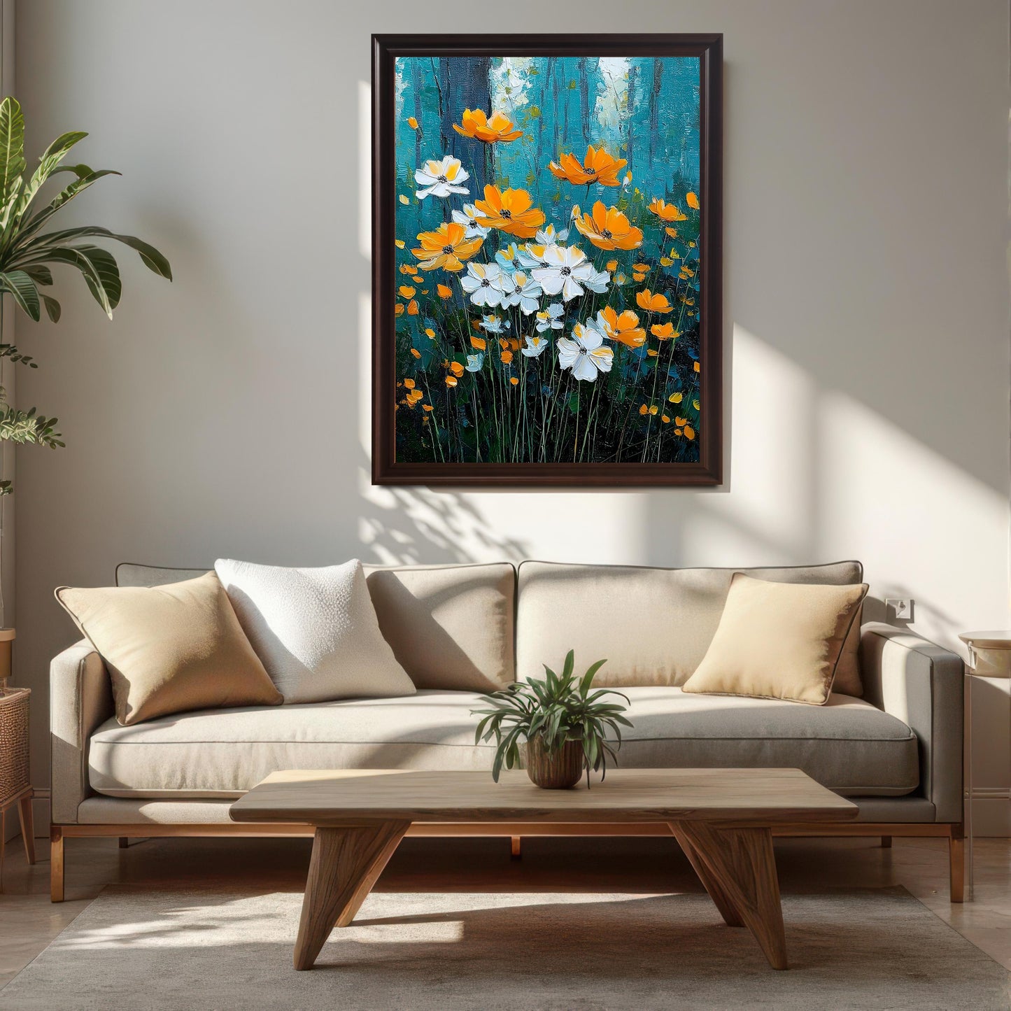 White/Orange Floral	Impressionistic painting of white and orange flowers in a Coffee (dark brown) frame hanging over a beige modern couch in a brightly lit room.